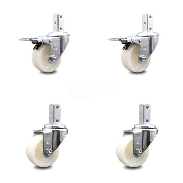 3 Inch Nylon Wheel Swivel 3/4 Inch Square Stem Caster Total Lock Brakes, 2PK